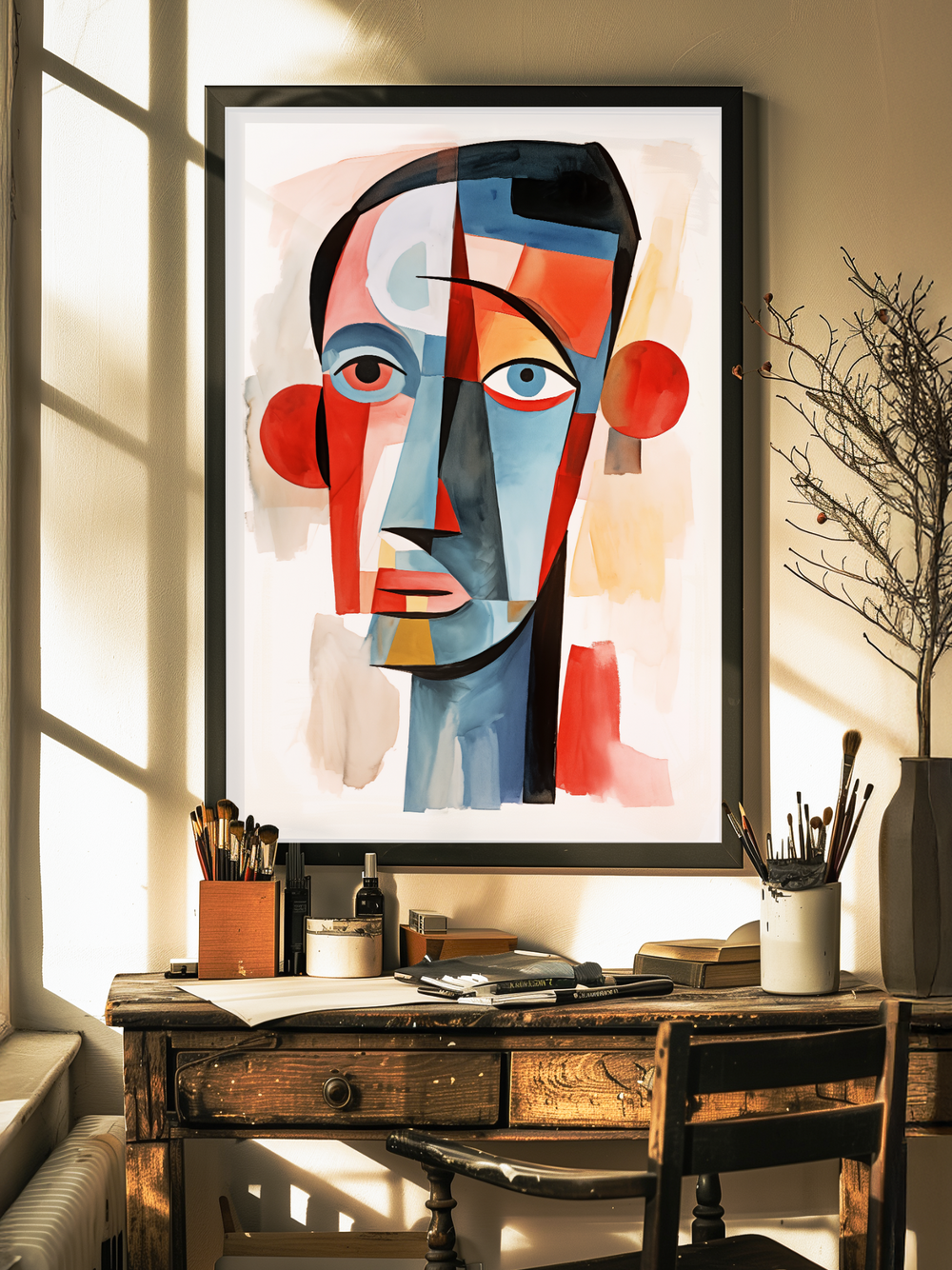 Framed abstract cubist poster with bold geometric shapes and vibrant colors hanging above a rustic wooden desk in an artistic studio space, bathed in natural sunlight with painting tools and minimalist decor surrounding it.