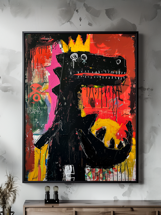 Vibrant dinosaur art poster with bold red, yellow, and black colors framed on a textured wall, displayed above a wooden console in a minimalistic modern room.