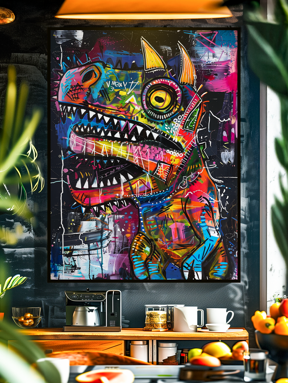Vibrant abstract graffiti-style dinosaur artwork with bold neon colors, geometric shapes, and chaotic street art patterns hanging in a contemporary kitchen. The black background contrasts with splashes of pink, blue, yellow, and green, creating an energetic and urban pop-art aesthetic.
