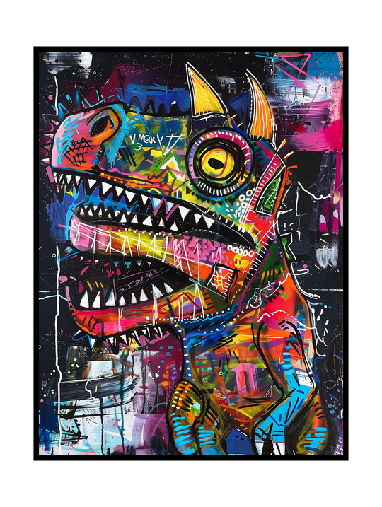 Bold abstract artwork depicting a stylized dinosaur rendered in vibrant graffiti colors, layered textures, and expressive brush strokes. The composition blends street art aesthetics with neo-expressionist basquiat style  energy, creating a playful yet raw contemporary visual statement.