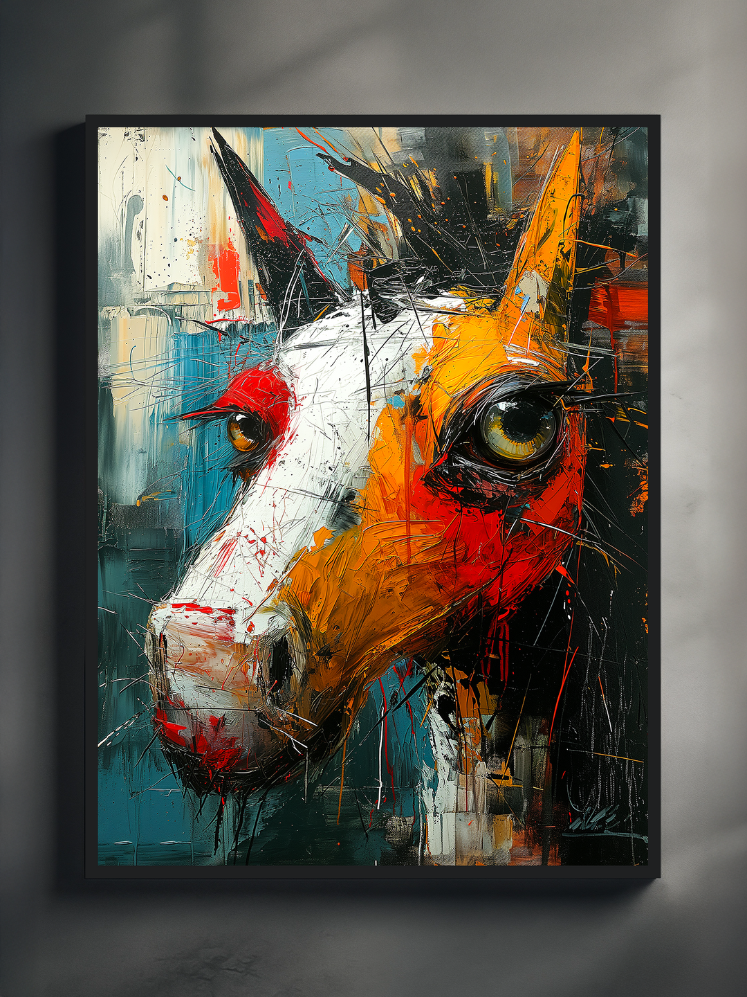 Vivid abstract painting of a horse’s face in expressive brushstrokes, featuring intense tones of orange, red, blue, and white. The artwork is presented in a sleek black frame against a neutral background, capturing dynamic motion and raw emotion through bold colors and textured layers.
