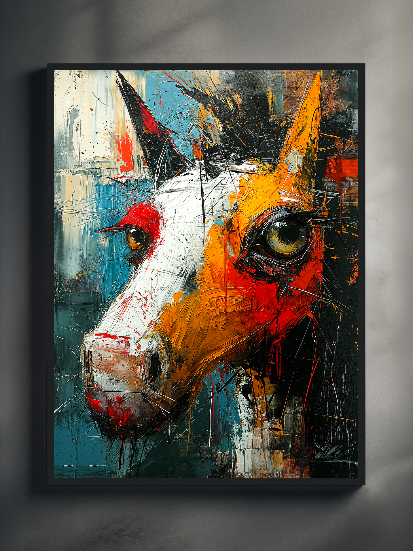 Vivid abstract painting of a horse’s face in expressive brushstrokes, featuring intense tones of orange, red, blue, and white. The artwork is presented in a sleek black frame against a neutral background, capturing dynamic motion and raw emotion through bold colors and textured layers.