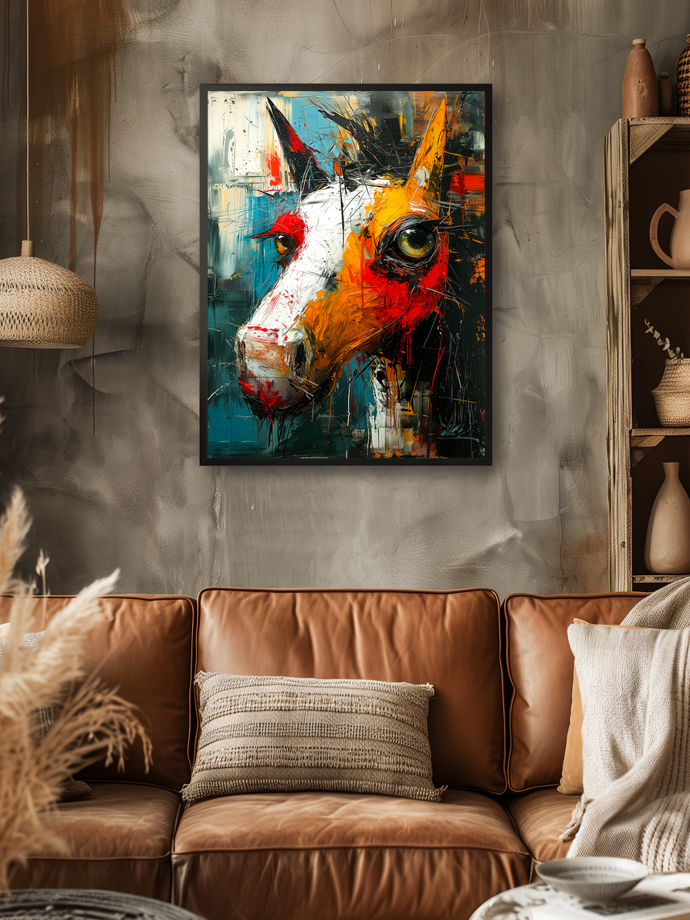 A vibrant abstract painting of a horse’s head with expressive brushstrokes in red, orange, white, and blue tones is framed in black and hangs above a brown leather sofa in a cozy, rustic living room. The space features natural textures, neutral tones, and soft lighting, creating a warm and inviting atmosphere.