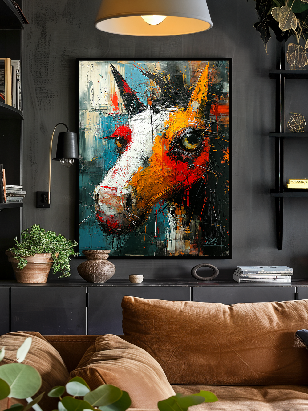 A vibrant surreal horse poster in red, orange, white, blue, and black hangs centered on a dark textured wall in a stylish modern living room. The minimalist black frame is surrounded by shelving, plants, and soft ambient lighting. In the foreground, a rust-colored couch and blurred green leaves create strong room depth and a cozy, artistic atmosphere.