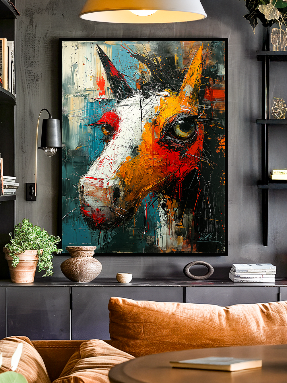Vibrant framed painting of a horse head in bold strokes of orange, red, blue, and white, displayed on a textured gray wall above modern shelving with plants and pottery, adding energy to a cozy room with warm-toned cushions.