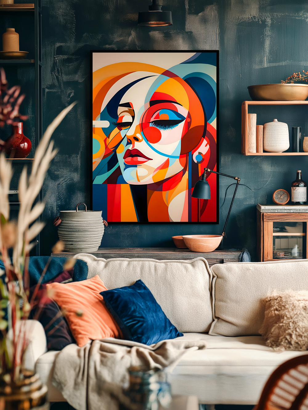 A modern living room with dark textured walls features a large, colorful abstract portrait of a woman’s face in a black frame. The artwork is vibrant with bold red, blue, orange, and yellow geometric shapes. Below it sits a neutral-toned sofa with plush orange, blue, and brown cushions, adding warmth and contrast. Wooden shelves and pottery decorate the space, creating a cozy, eclectic, and stylish interior with a perfect blend of art and home decor.