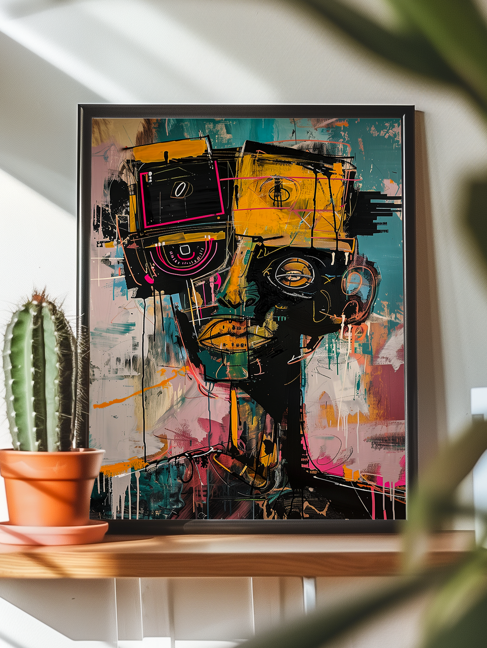 Modern abstract portrait poster with vivid colors and geometric shapes, showcased on a wooden shelf beside a cactus plant, illuminated by natural sunlight.