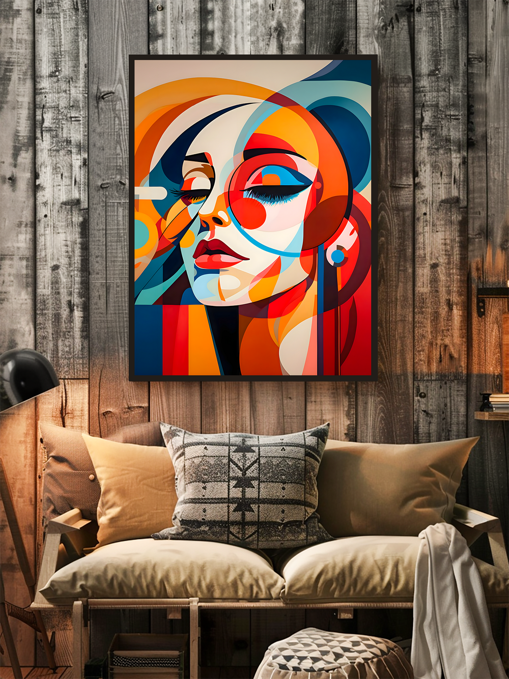 A large, vibrant abstract portrait poster hangs centered on a rustic wooden wall above a soft beige couch with patterned cushions. The room blends modern art with a cozy, natural atmosphere, creating a warm and visually striking contrast that draws attention to the bold artwork.