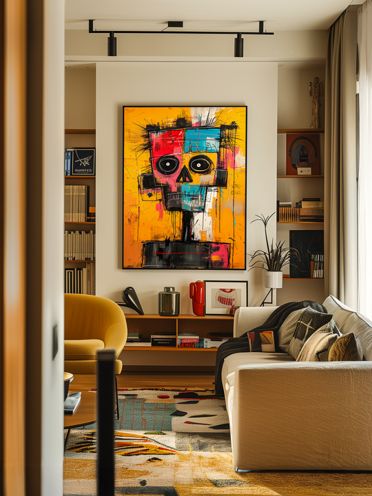 A vibrant abstract skull poster in red, yellow, blue and black hangs centered on a white wall in a warm, stylish living room. The space features a yellow lounge chair, beige sofa with patterned cushions, modern bookshelf, and colorful decor elements, creating a cozy and artistic atmosphere.