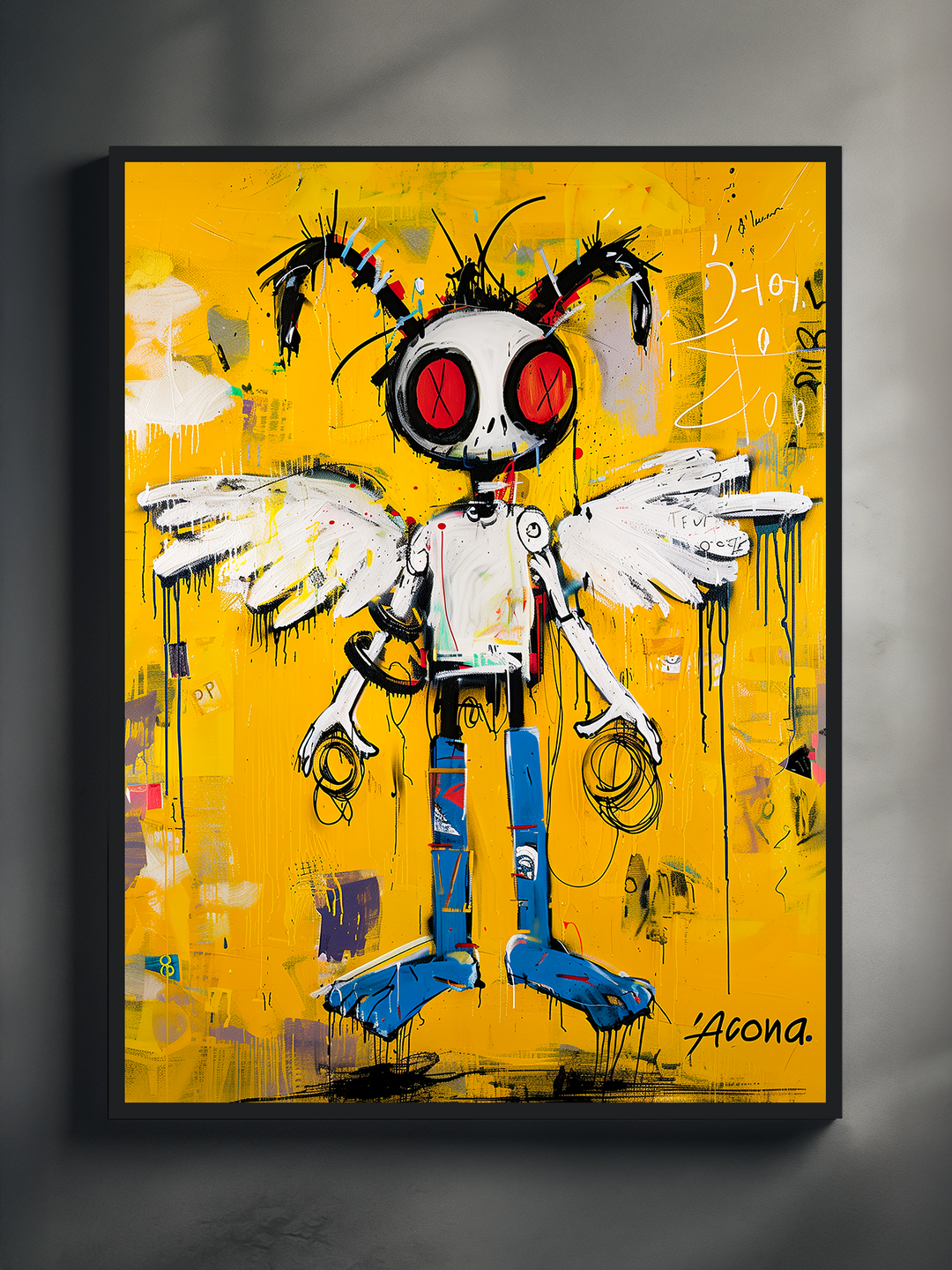 Bold and expressive street art poster featuring a white figure with wings, oversized red eyes, and blue legs set against a vibrant yellow background. The character has a chaotic, painted appearance with sketchy outlines, dripping paint, and playful graffiti marks, framed in black and mounted on a neutral textured wall.