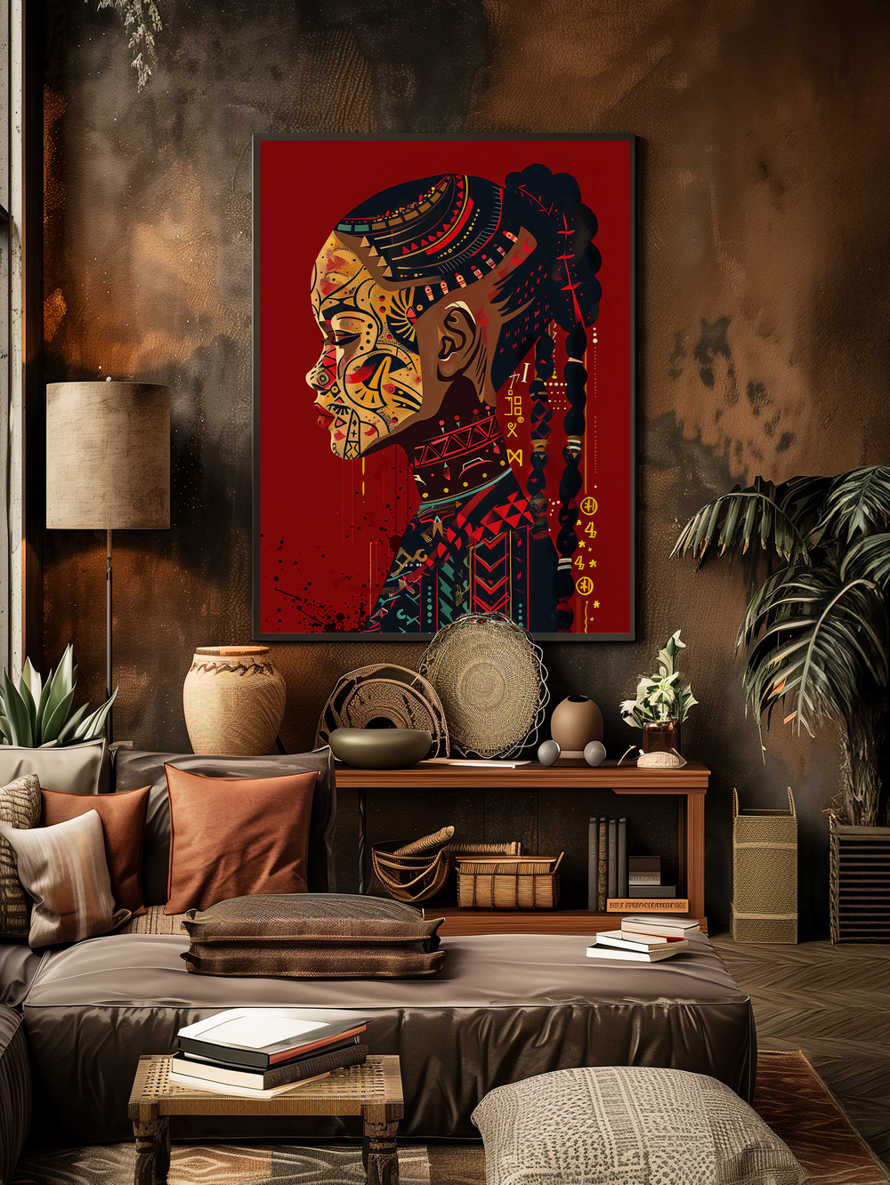 A vibrant Afrocentric art poster featuring a side profile of a woman with tribal face paint and braided hair, displayed in a modern boho-style living room. The room includes earthy tones, woven baskets, tropical plants, and soft cushions, creating a warm and lived-in atmosphere with natural decor elements.