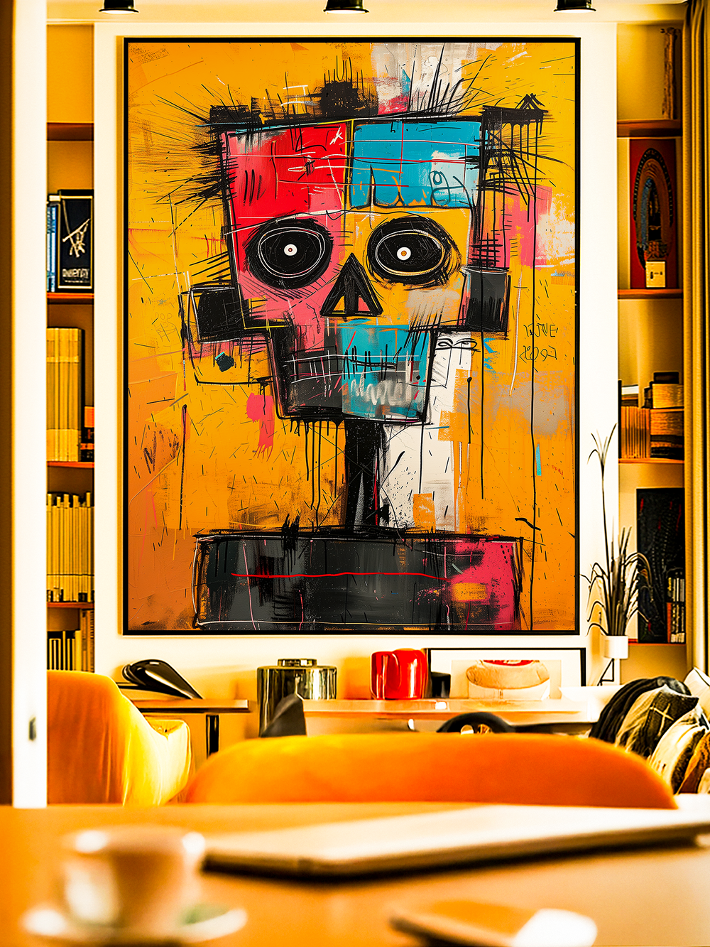 A vibrant wall art print in Basquiat’s expressive style, featuring an abstract skull with bold red, blue, black, and yellow blocks on a textured yellow background. The chaotic brushstrokes and raw urban energy make this artwork a striking statement piece for modern interiors, adding a gallery-like atmosphere to any room.