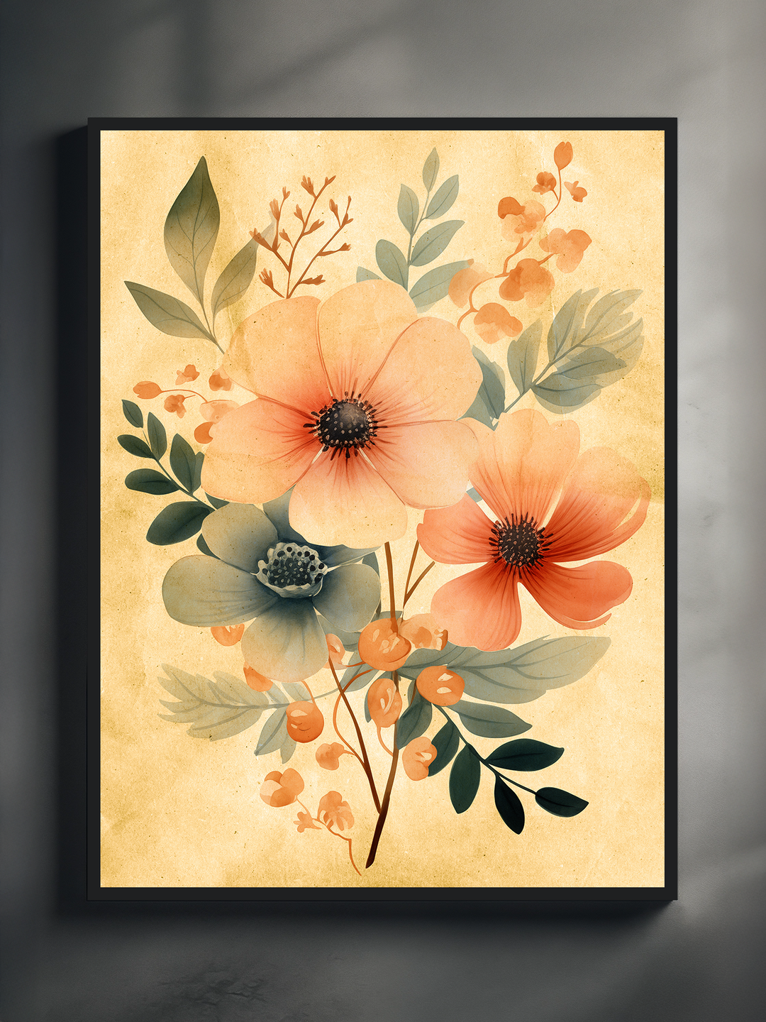 A vibrant floral poster showcasing large orange blossoms, soft green leaves, and delicate botanical accents on a warm beige background. The artwork is framed in black and displayed against a neutral gray surface, highlighting the rich colors and organic composition for a cozy, nature-inspired interior.