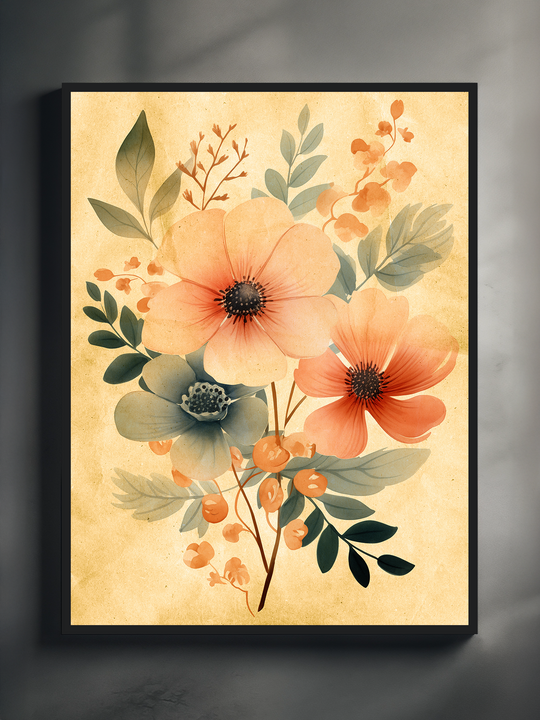 A vibrant floral poster showcasing large orange blossoms, soft green leaves, and delicate botanical accents on a warm beige background. The artwork is framed in black and displayed against a neutral gray surface, highlighting the rich colors and organic composition for a cozy, nature-inspired interior.