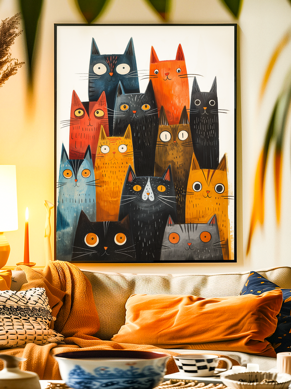Vibrant wall art poster featuring a whimsical illustration of twelve colorful cats in shades of orange, red, blue, gray, and black. The playful feline characters are stacked closely together, each with unique eyes and expressions, creating a lively and cheerful atmosphere. Displayed in a modern black frame above a cozy sofa with orange pillows, blankets, and warm decor accents, this artwork adds a bold and artistic touch to contemporary interiors.