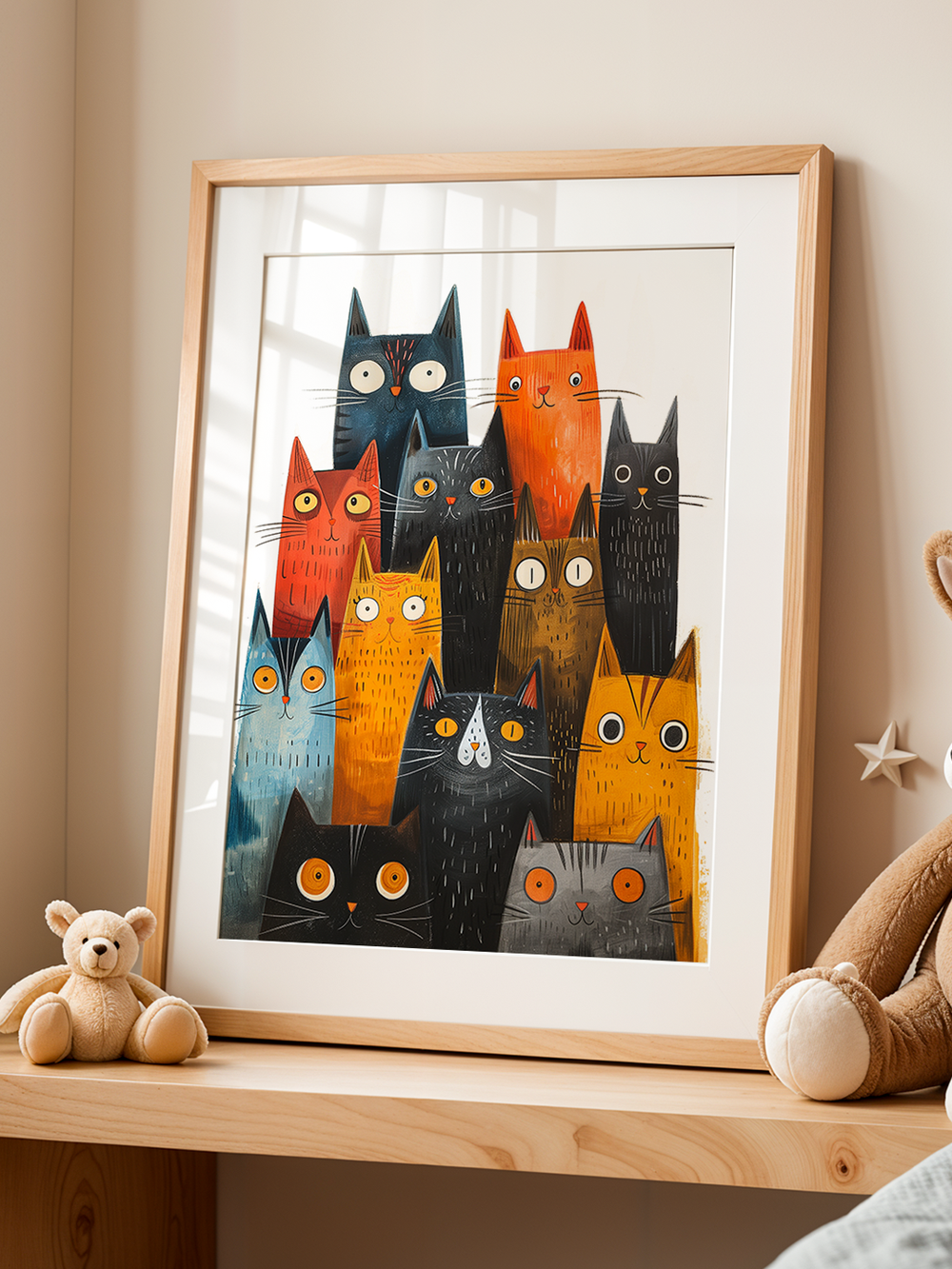 A framed poster featuring a playful illustration of brightly colored cats with wide eyes and unique expressions, arranged in a pyramid shape. The poster is displayed on a wooden shelf, surrounded by soft toys including a teddy bear and a plush bunny, against a neutral wall with soft natural light enhancing the cozy and charming atmosphere.