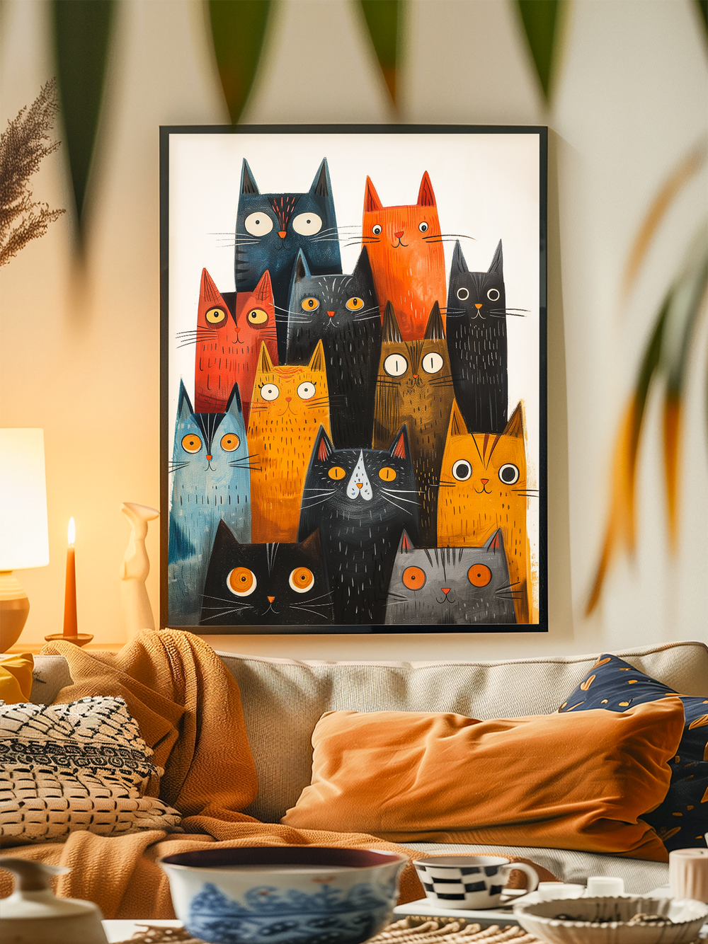 Framed poster featuring a group of brightly colored, stylized cats in shades of orange, blue, black, and gray, hanging on a light textured wall above a beige sofa. The living room is decorated with orange and patterned pillows, a warm throw blanket, candles, and ceramic dishes, creating a cozy and inviting atmosphere with natural light and leafy accents in the background.
