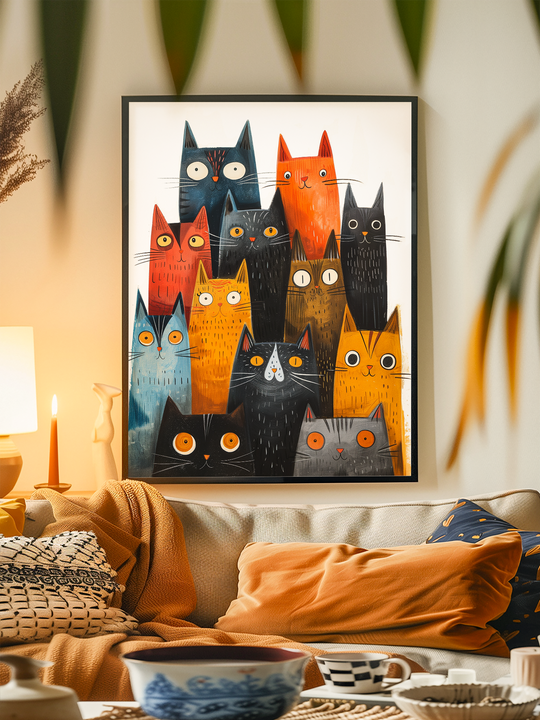 Framed poster featuring a group of brightly colored, stylized cats in shades of orange, blue, black, and gray, hanging on a light textured wall above a beige sofa. The living room is decorated with orange and patterned pillows, a warm throw blanket, candles, and ceramic dishes, creating a cozy and inviting atmosphere with natural light and leafy accents in the background.