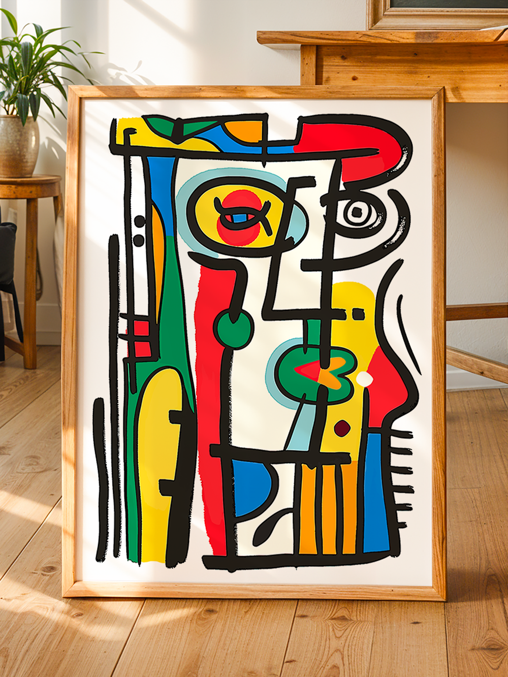 Vibrant cubist abstract art poster with thick black lines and primary colors, displayed in a light wooden frame leaning against a white wall in a cozy, bright interior with wooden furniture and plants, ideal for artistic and creative home decor.