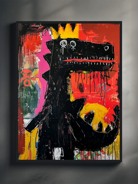 Bold dinosaur graffiti art poster with a crown, vivid red, yellow, and black tones, mounted on a textured minimalistic wall, perfect for modern urban decor.