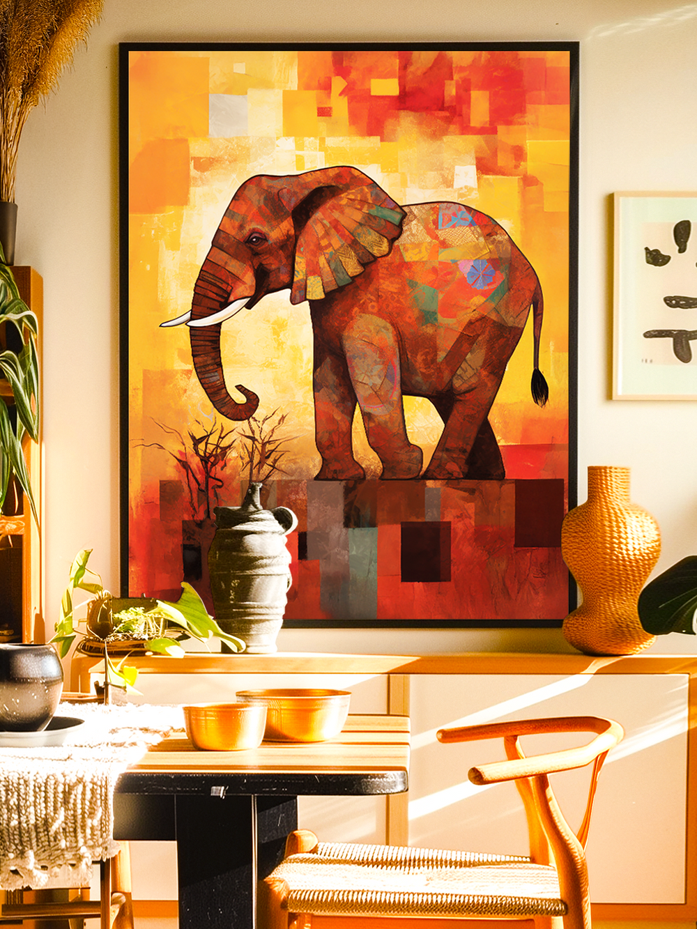 Vibrant artwork of a majestic elephant illustrated in warm red, orange, and earthy tones with abstract geometric patterns. The textured background blends yellow, gold, and crimson shades, creating a striking modern art piece that radiates energy and elegance, perfect for eclectic and contemporary interiors.