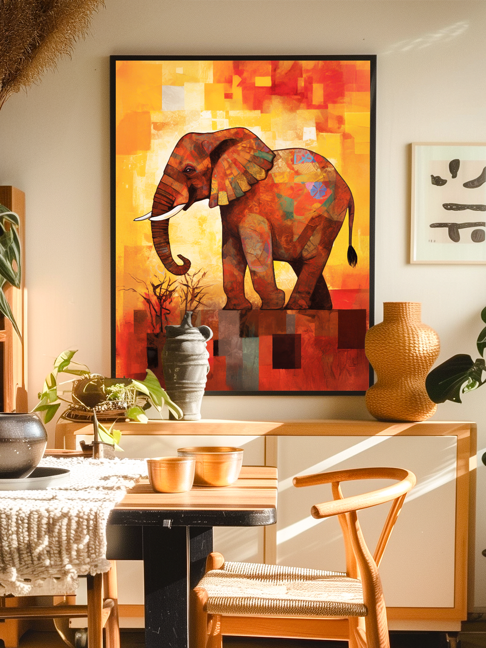 A cozy, eclectic dining space featuring a large vibrant painting of an elephant rendered in warm red, orange, and yellow geometric patterns. The room is decorated with woven chairs, a wooden table set with golden cups, textured ceramics, potted plants, and natural woven accents that create an inviting, bohemian atmosphere. The bold, colorful artwork serves as a striking focal point, adding artistic energy and a touch of global-inspired decor to the space.