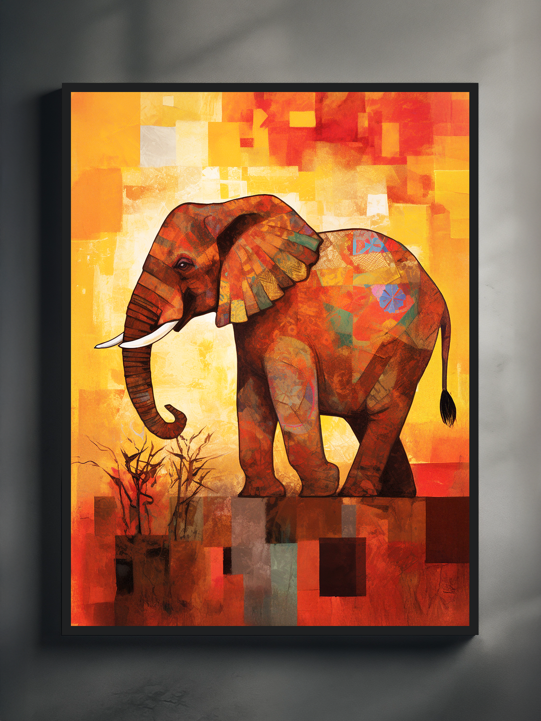 Modern elephant illustration in warm reds and browns on a yellow geometric mosaic background, featuring tusks and abstract textured shapes.