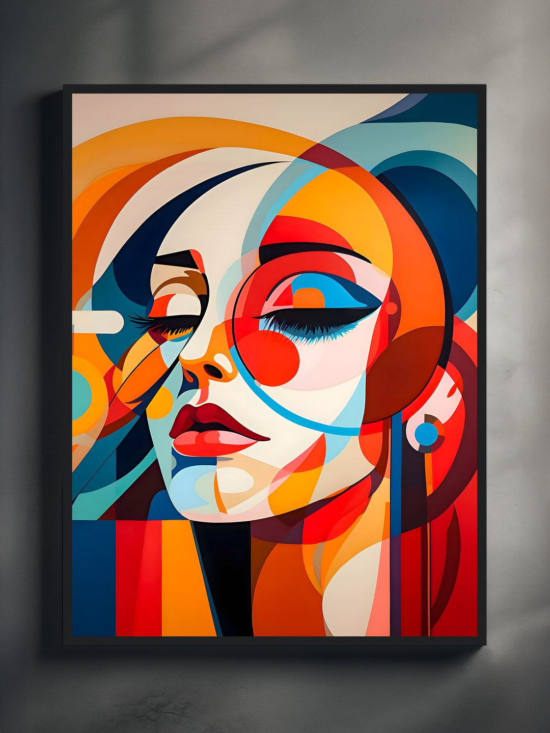 A striking abstract portrait of a woman composed entirely of vivid geometric shapes in bold shades of red, blue, yellow, and orange. The woman wears large round sunglasses and earrings, with her eyes closed and lips slightly parted. The artwork is framed in black and displayed on a neutral wall, with soft shadows falling across the surface.