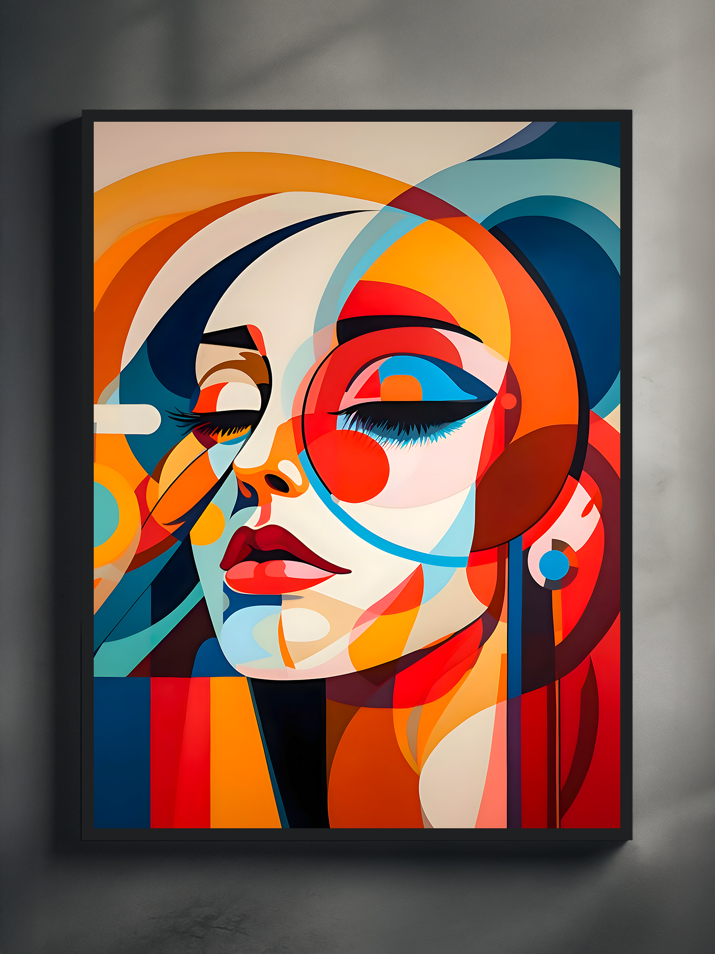 A striking abstract portrait of a woman composed entirely of vivid geometric shapes in bold shades of red, blue, yellow, and orange. The woman wears large round sunglasses and earrings, with her eyes closed and lips slightly parted. The artwork is framed in black and displayed on a neutral wall, with soft shadows falling across the surface.