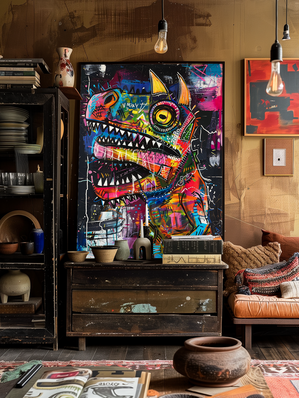 A vibrant graffiti-style dinosaur painting dominates a cozy, eclectic living room with vintage furniture, warm lighting, and earthy decor. The artwork features neon colors and expressive lines, adding a bold contrast to the rustic wooden cabinets, ceramic bowls, and leather sofa. The space combines modern street art with bohemian interior styling for a creative and artistic ambiance.