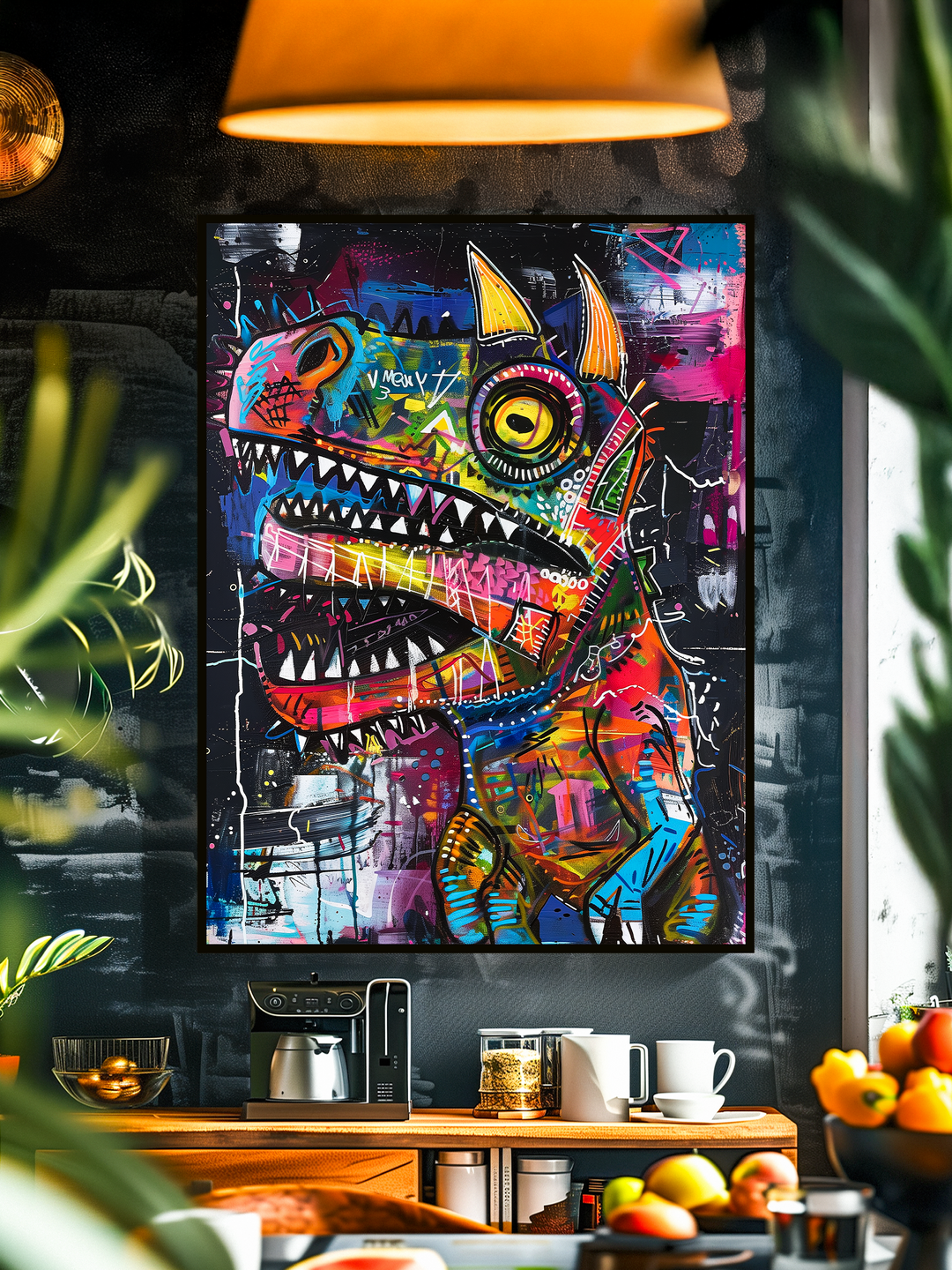 A vibrant, abstract dinosaur artwork in graffiti style hangs on a dark wall in a modern kitchen. The bold colors of the poster contrast with the sleek black and wooden interior, surrounded by plants, fruits, and warm lighting, creating a stylish and energetic atmosphere.