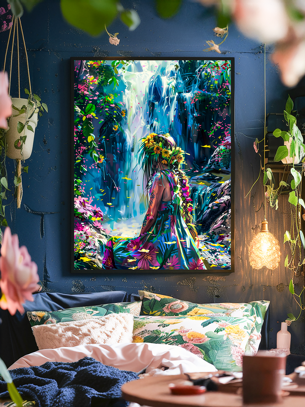 A vibrant poster with a floral jungle scene featuring a woman in a flower crown is framed in black and displayed on a textured dark blue wall. The cozy bedroom is filled with plants, soft lighting, and floral bedding in shades of green, pink, and cream. Blurred flowers and objects in the foreground create depth and a warm, dreamy atmosphere.