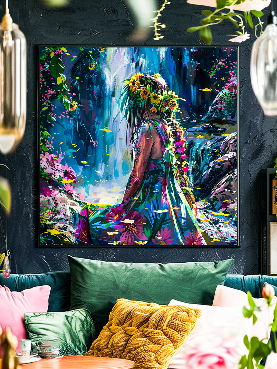 Vibrant wall art poster of a nature goddess in a colorful floral dress with a waterfall background, displayed above a sofa with green and yellow cushions for modern botanical decor