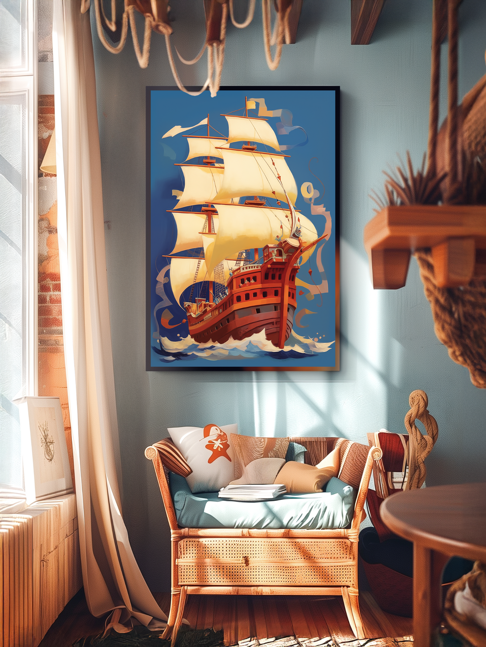 A vibrant illustration of a red and yellow pirate ship with full sails is framed on a blue wall in a cozy, nautical-themed room. The interior features wicker furniture, soft pastel cushions with ocean motifs like starfish, and warm sunlight casting shadows through white curtains. The scene evokes a coastal atmosphere with natural textures, hanging ropes, and decorative wooden accents.