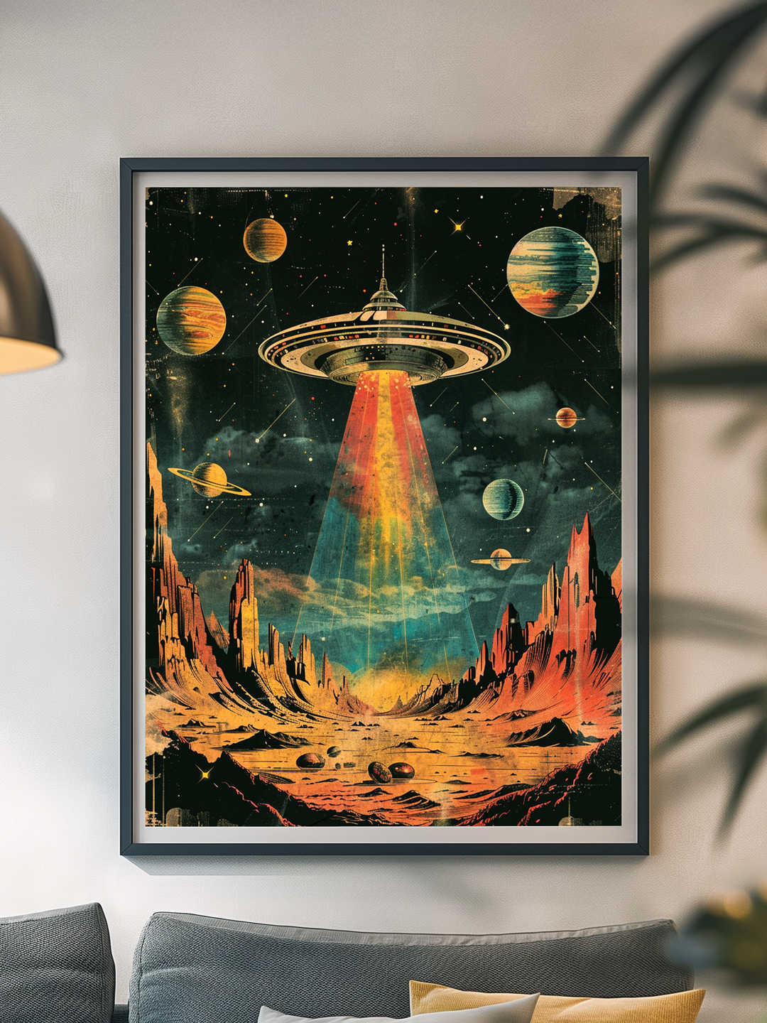 A large framed retro sci-fi poster showing a colorful UFO beaming down onto an alien desert landscape, hanging on a light neutral wall above a cozy gray couch with soft cushions, accented by subtle lighting and minimalistic decor.
