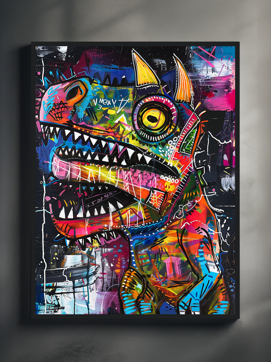 Vibrant graffiti wall art featuring an abstract dog head with sharp teeth, neon colors, bold paint splashes, and raw street art textures on a dark background.