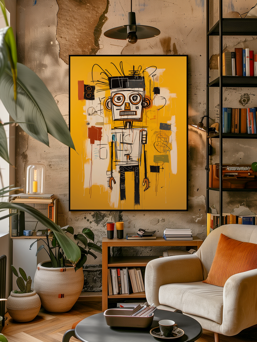 A stylish urban living room featuring a large yellow Basquiat-style poster with expressive abstract portrait art, mounted on a textured concrete wall. The space includes a white armchair with an orange pillow, a round black coffee table with a cup and tray, and bookshelves filled with books and decorative objects. Potted plants and warm wood elements add coziness, while natural light and layered textures create a vibrant, artistic atmosphere.