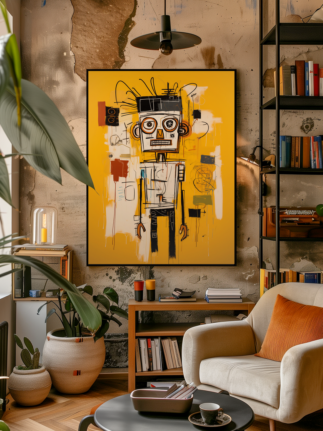 A stylish urban living room featuring a large yellow Basquiat-style poster with expressive abstract portrait art, mounted on a textured concrete wall. The space includes a white armchair with an orange pillow, a round black coffee table with a cup and tray, and bookshelves filled with books and decorative objects. Potted plants and warm wood elements add coziness, while natural light and layered textures create a vibrant, artistic atmosphere.