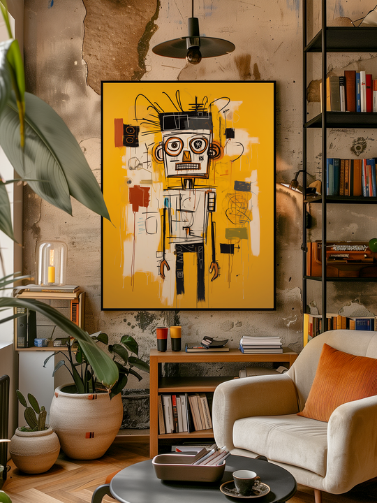 A stylish urban living room featuring a large yellow Basquiat-style poster with expressive abstract portrait art, mounted on a textured concrete wall. The space includes a white armchair with an orange pillow, a round black coffee table with a cup and tray, and bookshelves filled with books and decorative objects. Potted plants and warm wood elements add coziness, while natural light and layered textures create a vibrant, artistic atmosphere.