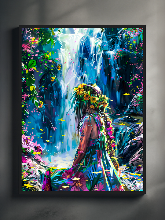 Vibrant fantasy nature poster showing a woman in a flower crown sitting by a glowing waterfall, surrounded by lush greenery, petals, and vivid tropical colors.