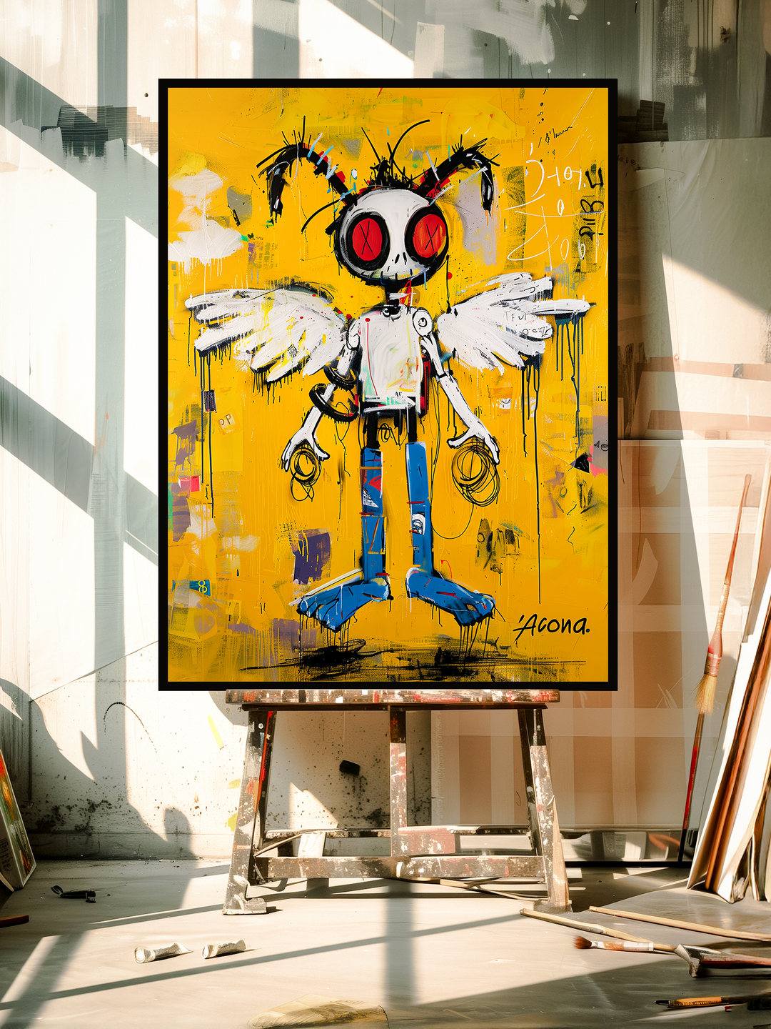 Eye-catching modern painting of a hornet-inspired robotic angel with bold wings, abstract graffiti elements, and vibrant yellow tones, blending street art and Basquiat’s raw expressionist aesthetic.
