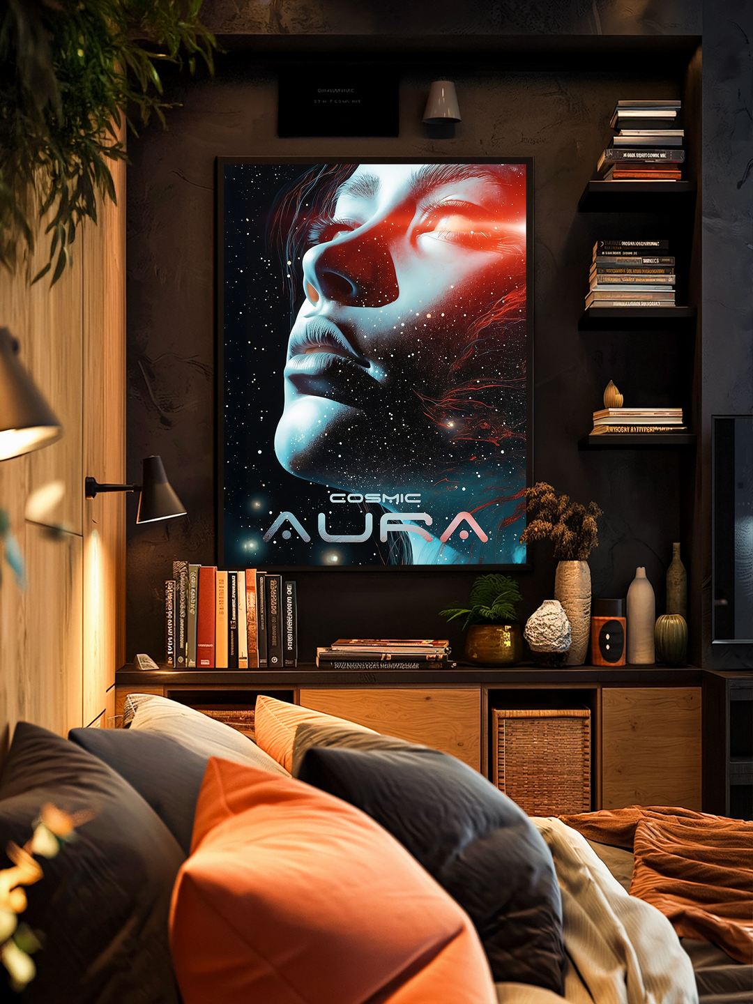 A framed poster titled “Cosmic Aura” featuring a dreamy, cosmic-inspired female face in vibrant red and blue tones hangs on a textured wall in a warmly lit living room. The space includes modern wooden furniture, shelves filled with books and decor, layered cozy pillows, and soft ambient lighting, creating a comfortable and stylish atmosphere that highlights the artistic print.