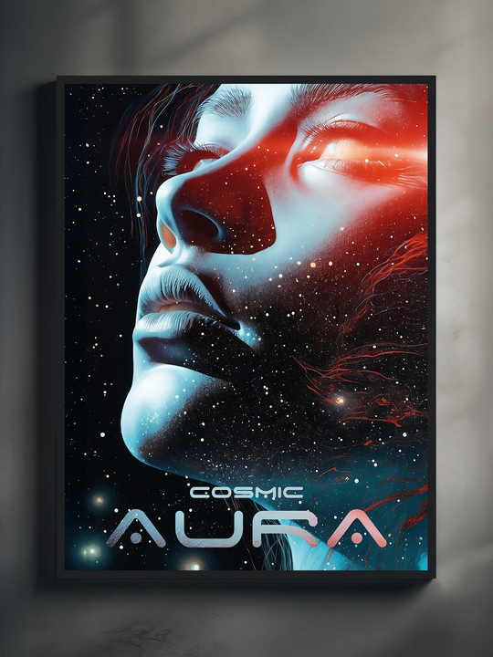 Futuristic space wall art featuring a glowing neon portrait in red and blue tones with starfield texture and the text Cosmic Aura, modern sci fi decor.