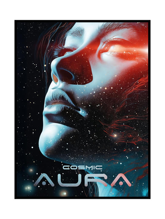 Sci-fi inspired art print featuring a close-up female profile emerging from a cosmic landscape. Glowing light rays, star fields, and nebula textures blend into the face, creating a futuristic and ethereal atmosphere that evokes space, consciousness, and cosmic energy.