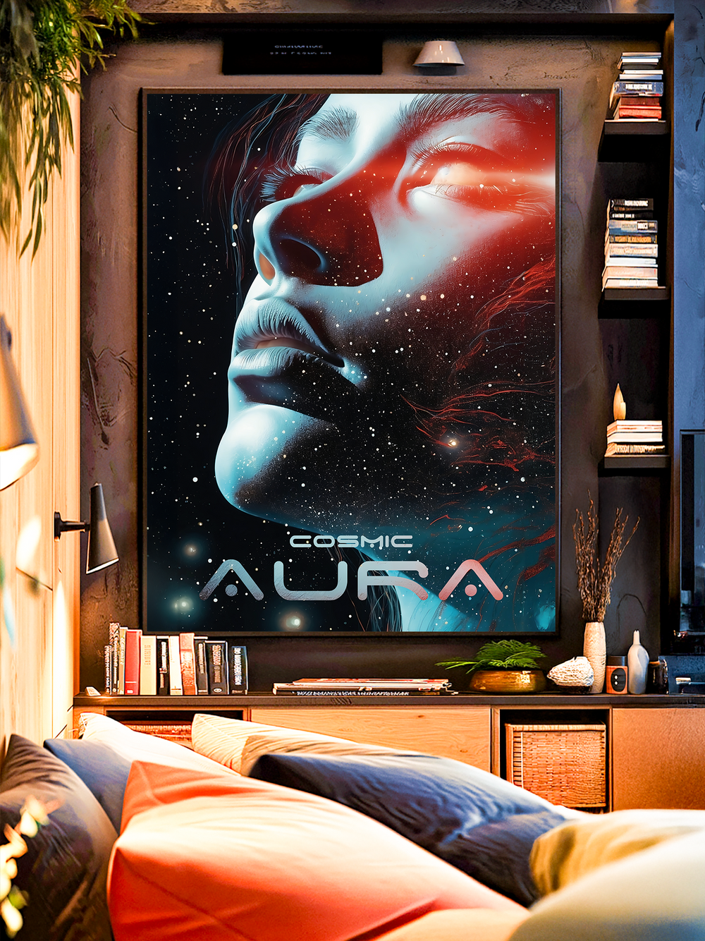 A large framed poster titled Cosmic Aura featuring a futuristic female face blended with stars and cosmic light in red and blue tones, hanging on a textured wall in a modern cozy living room with shelves, books, plants, and a warm sofa in the foreground.