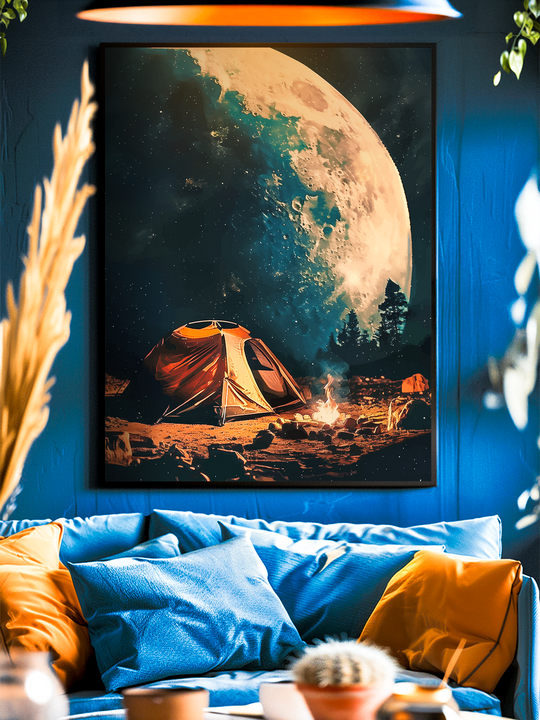 Stunning wall art poster showing a glowing tent and campfire under a massive moon and galaxy filled night sky, displayed in a modern living room with bold blue and orange decor, perfect for cosmic, fantasy and adventure inspired interiors.
