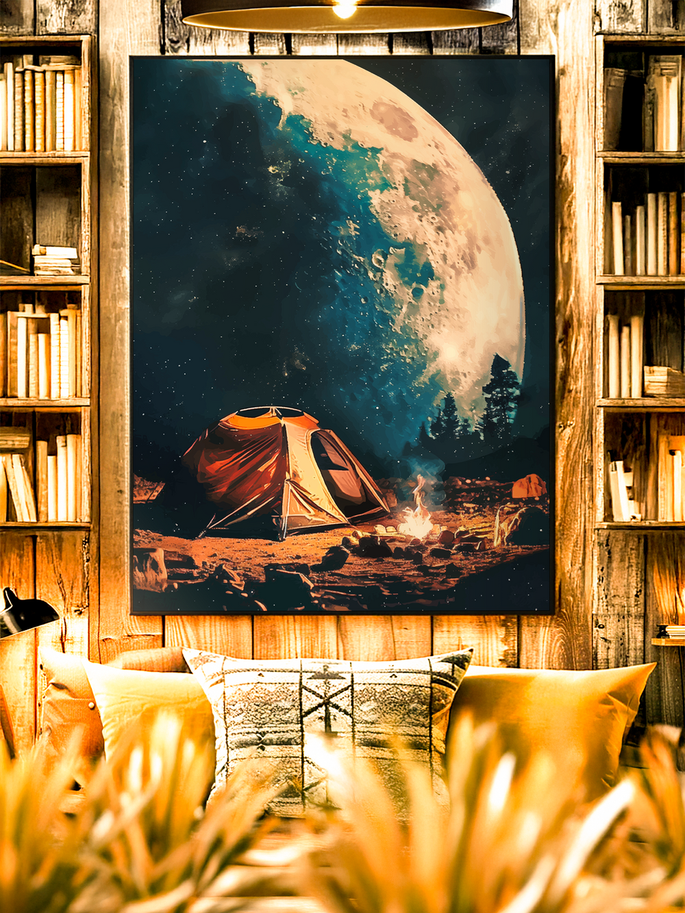 A surreal retrofuturistic poster showing a glowing campsite beneath a massive moon in the night sky, blending nature with cosmic fantasy.