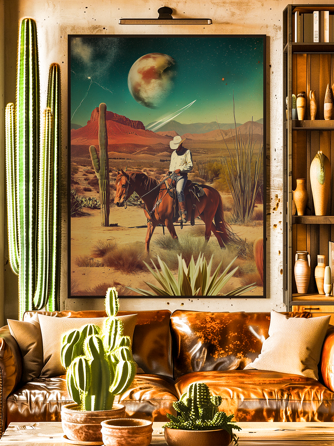 A surreal retro-futuristic poster showing a cowboy on horseback beneath cosmic planets in a desert landscape. Displayed above a brown leather sofa with cacti and warm desert tones, this wall art blends Western and sci-fi aesthetics in a cozy, earthy living room interior.