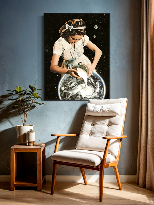 A framed cosmic collage print titled Cosmic Creation hangs on a blue wall in a warm, modern living room. The artwork shows a vintage-style girl pouring a stream of white liquid into a swirling Earth, blending retro illustration with surreal space elements. A wooden chair with a cream cushion and a small plant stand sit below the artwork, creating a cozy, natural interior setting. Soft daylight and realistic shadows highlight the frame and the high-quality matte finish of the print.