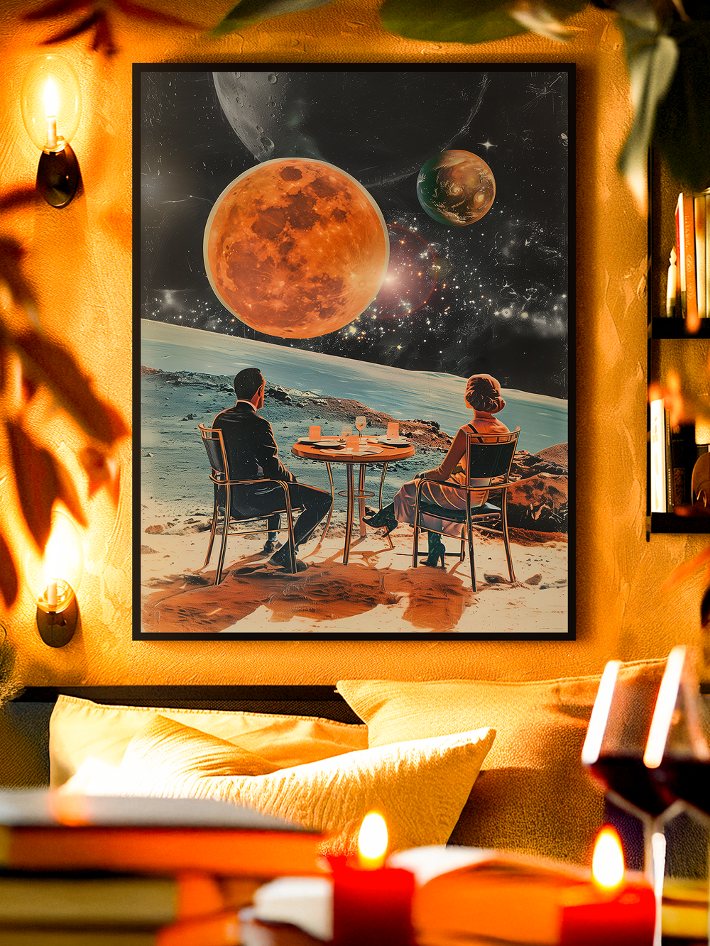 A retrofuturistic wall art poster showing a couple dining under enormous glowing planets in a cosmic night sky. The warm golden lighting and mid-century atmosphere create a dreamy blend of romance and science fiction, ideal for space art and surreal interior design lovers.